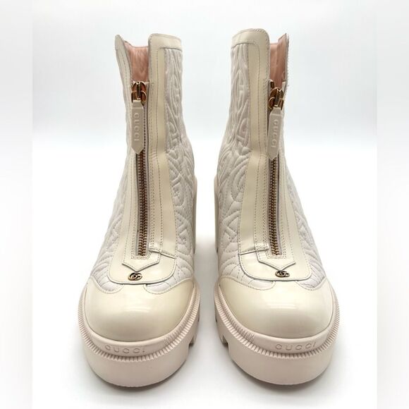 Gucci Trip Combat Zip Boots GG Logo White Quilted Rhombus Block Heel EU 38 US 8 - Picture 15 of 15